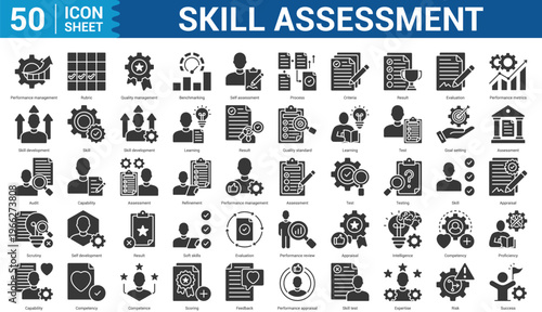  Skill Assessment  editbale Icon Set Collection Concept With Icon Of performance management, rubric, quality management, benchmarking, self assessment, process, criteria, result, and more.