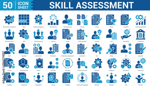  Skill Assessment  editbale Icon Set Collection Concept With Icon Of performance management, rubric, quality management, benchmarking, self assessment, process, criteria, result, and more.