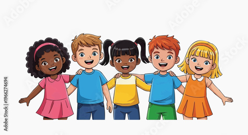 A diverse group of happy children standing together in a vector illustration