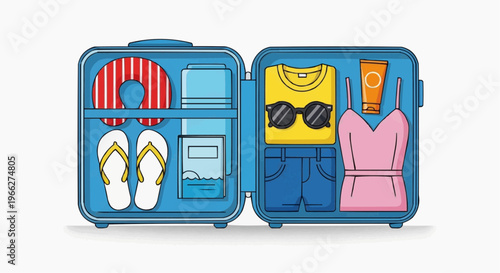 A colorful illustration of a packed blue suitcase with travel essentials