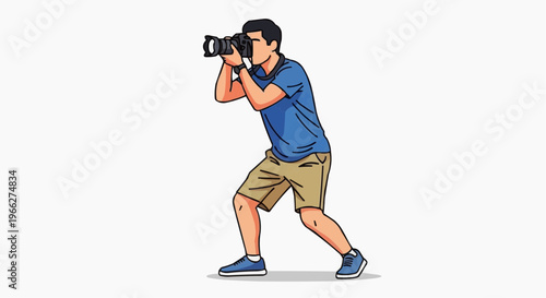 A cartoon man taking a photo with a camera in a vector illustration