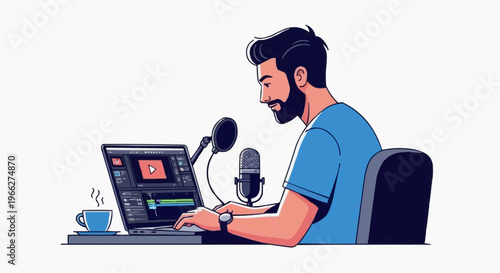 A man sitting at a desk working on a laptop with a microphone and cup of coffee