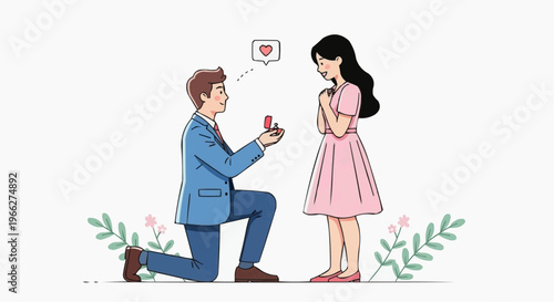 A man proposing to a woman with a ring and a heart above his head