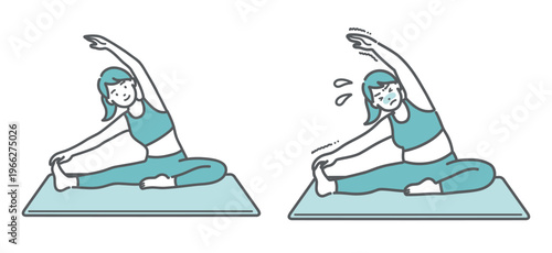 笑顔でストレッチをする理想体型の女性と苦戦するぽっちゃり体型の女性の比較セットイラスト