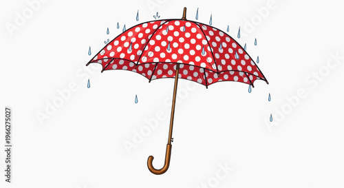 A colorful red umbrella with white polka dots on a rainy day