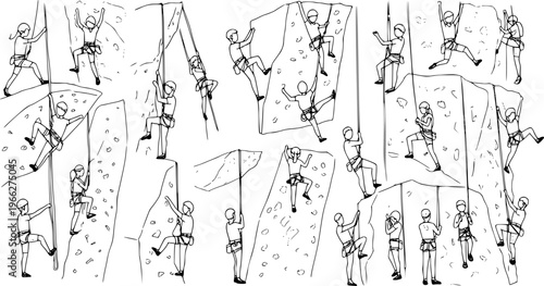 Rock Climbers Sketch: Hand-Drawn Illustration of People Climbing Walls with Ropes