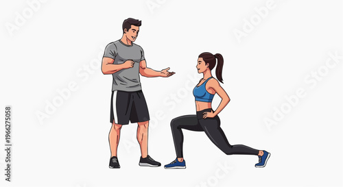 A fitness trainer guiding a woman through a lunge exercise in a gym