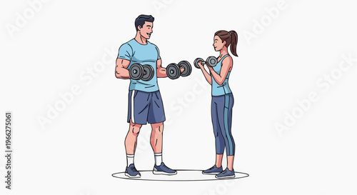 A fit man and woman working out together with dumbbells in a modern gym