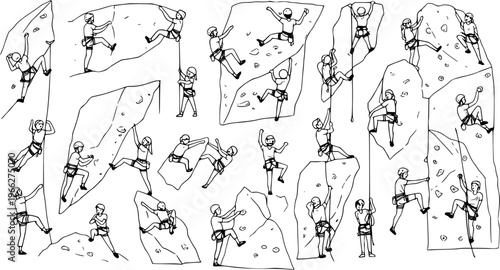 Black and white line art of rock climbers in various poses, hand-drawn sketch illustration depicting people engaged in the outdoor sport and adventure activity.