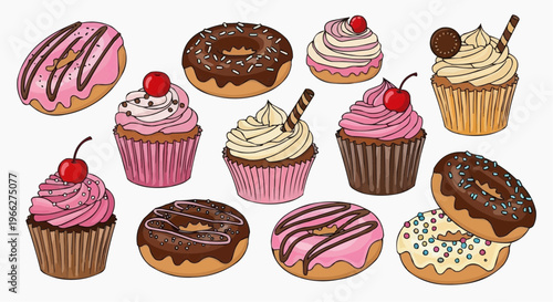 A colorful illustration of assorted cupcakes and donuts with various toppings