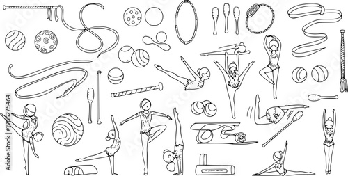 Rhythmic Gymnastics Doodle Set. Hand-drawn collection of gymnasts in various poses, along with apparatus like ribbons, balls, hoops, clubs, and ropes. Sports equipment.