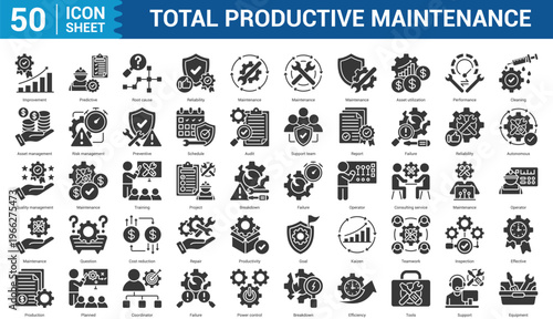 Total Productive Maintenance Editable Icon Set Collection Concept With Icon Of Improvement, Predictive, Root cause, Reliability, Maintenance, Asset utilization, Performance, Cleaning, and more .