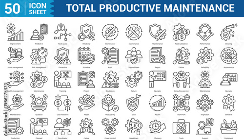 Total Productive Maintenance Editable Icon Set Collection Concept With Icon Of Improvement, Predictive, Root cause, Reliability, Maintenance, Asset utilization, Performance, Cleaning, and more .