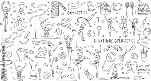 Rhythmic Gymnastics Doodle Art: Hand-Drawn Vector Illustration of Gymnasts, Balls, Ribbons, Clubs, and More