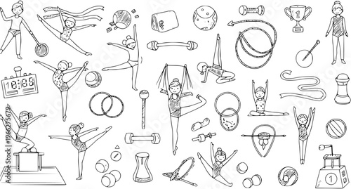 Gymnastics Doodle: Hand-Drawn Vector Illustration of Gymnasts and Equipment for Sport, Fitness, and Healthy Lifestyle Design