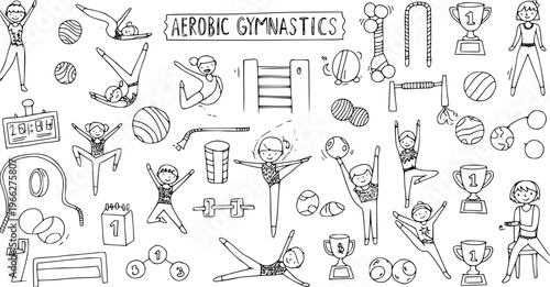 Hand-drawn aerobic gymnastics doodle set. Collection of children exercising, sports equipment, and competition elements. Black and white line art.