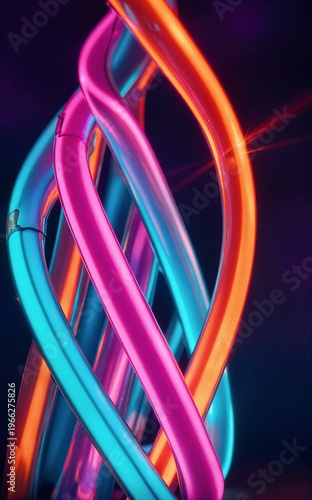 Vibrant neon tubes twist and glow in a dynamic futuristic light
