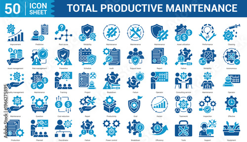 Total Productive Maintenance Editable Icon Set Collection Concept With Icon Of Improvement, Predictive, Root cause, Reliability, Maintenance, Asset utilization, Performance, Cleaning, and more .