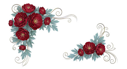Red Peony floral corner ornaments with gold swirls