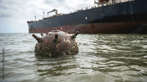 Threat of naval mines in shipping lanes with a rusty explosive device floating near a large tanker. Concept of maritime security risks and naval warfare.