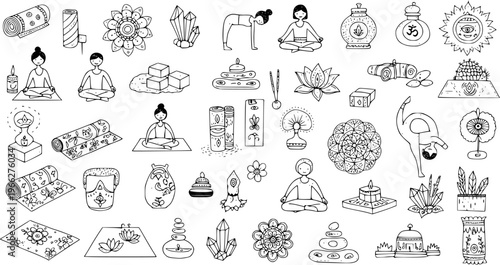 Hand-drawn Yoga  Meditation Doodles Collection: Spiritual Symbols, Wellness Icons  Zen Elements for Mindfulness, Relaxation, and Healthy Lifestyle