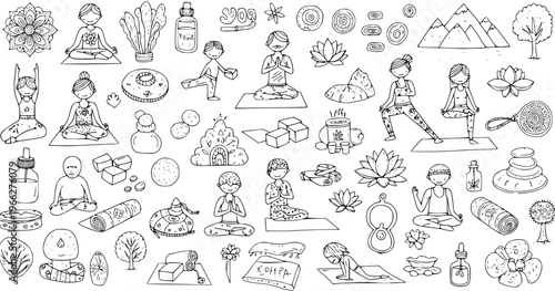 Hand-Drawn Yoga, Meditation, and Wellness Doodle Collection. Featuring Poses, Lotus Flowers, Mountains, Spa Items, and Spiritual Symbols in Black and White Outline Art.