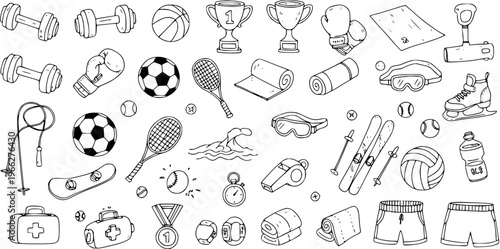 Hand-drawn sports equipment and fitness doodle icons set. Black and white vector illustration of athletic activity symbols.
