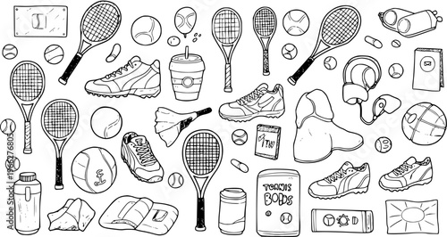 Hand-drawn doodle seamless pattern of tennis equipment and sports accessories, including rackets, balls, shoes, and gear, in black and white sketch style.