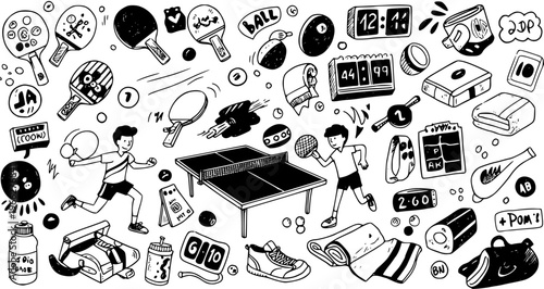 Hand-drawn table tennis sport doodle set. Collection of ping pong game elements, rackets, players, and equipment in a sketch style vector illustration.