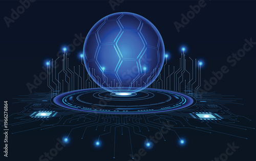 A soccer ball glows with rhythmic, pulsating lights, resting atop a circuit board whose edges are framed by electrical patterns. Symbolizes innovation and cutting-edge sport technology. Football