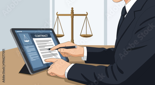 Lawyer reviewing contract on tablet with scales of justice in background