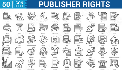 Publisher Rights editable Icon Set Collection Concept With Icon Of plagiarism, audience, fair, public domain, proofreading, editing, and more. Illustration eps 10