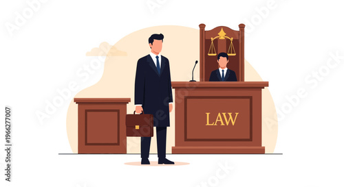 Lawyer standing in a courtroom with judge and briefcase, representing legal proceedings