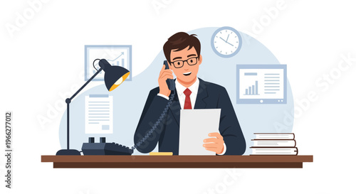 Professional businessman talking on phone and holding documents in an office setting, a clear illustration of business operations