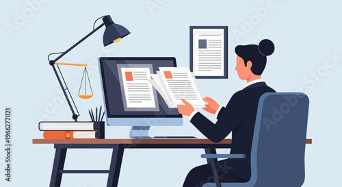 Lawyer diligently reviewing digital and physical documents at their desk with a lamp and scales of justice