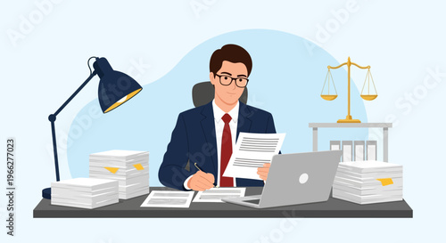 A focused lawyer wearing glasses and a suit reviews legal documents at his desk with a laptop and lamp nearby