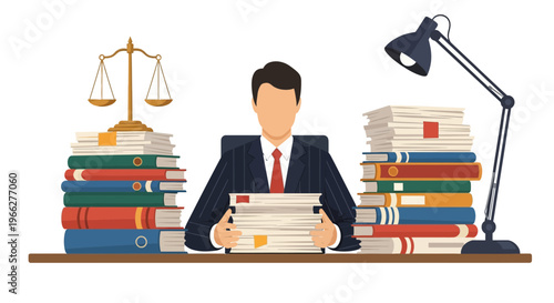 Lawyer busy with multiple case files and books on his desk in an office setting, representing dedication and legal practice