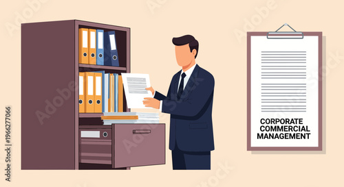 A man in a dark suit meticulously organizing paperwork in an office setting, surrounded by files and folders.