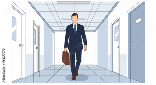 Professional man in a suit holding a legal briefcase walking down an office corridor