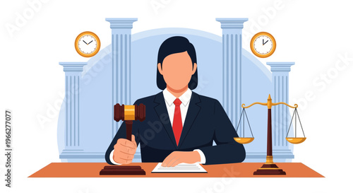 A stern judge with a gavel and scales of justice in a grand courtroom