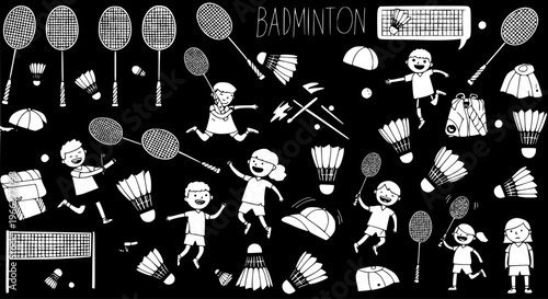Hand-drawn black and white doodle seamless pattern: badminton rackets, shuttlecocks, net, bag, caps, and happy children playing and enjoying the sport.