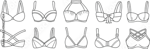 Bra collection vector illustration set, women lingerie designs, different styles of bras, black white fashion undergarment icons minimal clothing