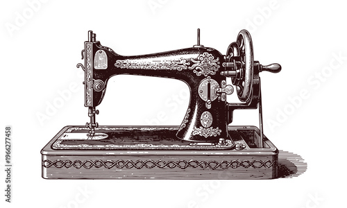 Antique sewing machine vector illustration vintage engraving style.