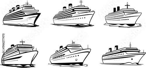 Cruise ship collection vector illustration, luxury ocean liner set, black white minimalist nautical transport design, passenger vessel icon bundle