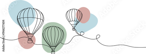 Continuous line vector illustration of three hot air balloons flying with abstract colorful shapes.