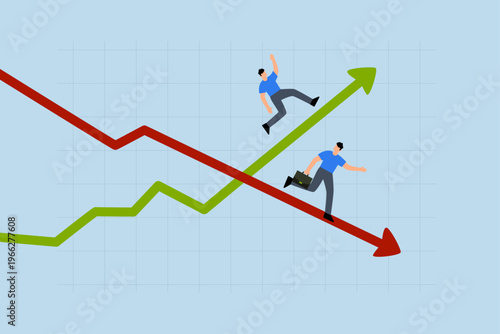 Profit and loss, entrepreneur sprinting on ascending growth chart and descending recession graph