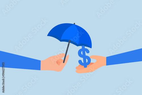 Income security, businessman hand presents umbrella to safeguard dollar sign cash