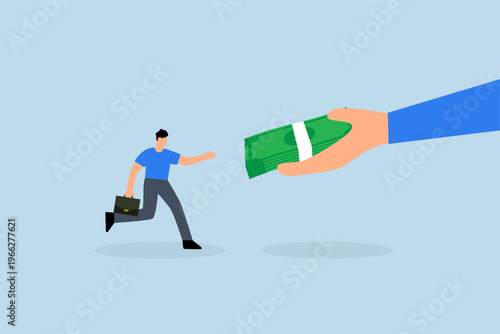 Getting paid, Businessman hand handing banknote to  joyful employee.