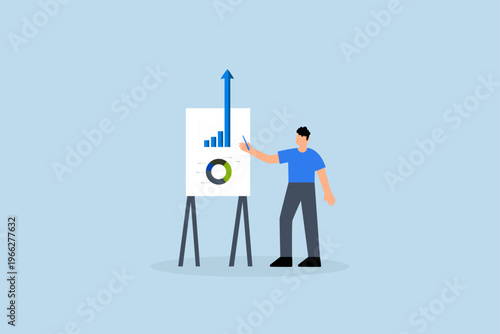 Present company growth, businessman displays a bar chart showcasing significant progress