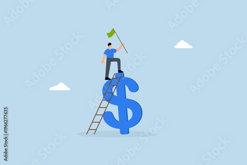 Financial success, businessman winner holding flag climbing dollar sign